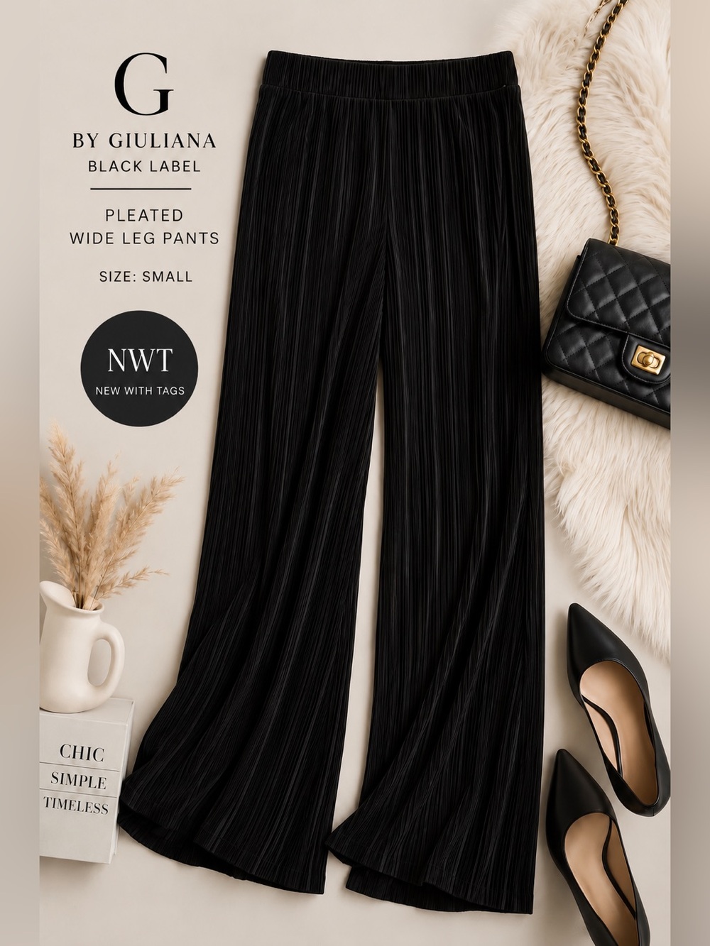 NIP G by Giuliana Black Label Pleated Wide Leg Pants Black Pull On Small - A1